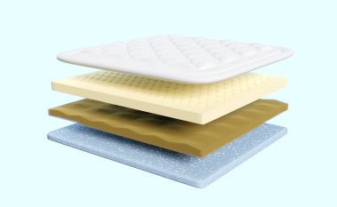 Kumaş, yumuşak sünger, lateks, hafıza köpüğü ve mavi arka planda izole edilmiş 3D 4 katmanlı kumaş döşek. asgari özet, 3d görüntüleme, kırpma yolu