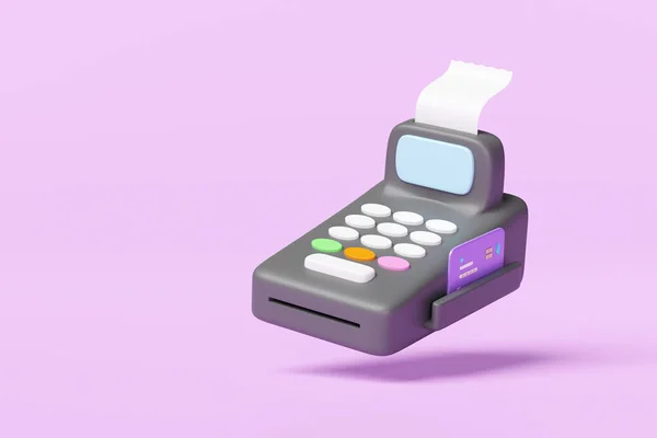 3D支払い機またはPos端末は ピンクの背景に隔離されたクレジットカード 電子請求書の支払い 請求書または紙の小切手領収書で浮かぶ 3Dレンダリングイラスト クリッピングパス — ストック写真