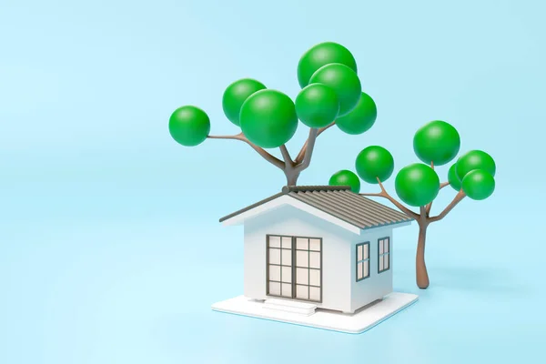 3D日本风格房屋图标与树隔离的蓝色背景 房地产交易 质量保证概念 3D渲染说明 剪切路径 — 图库照片
