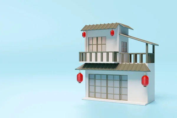 Японський Стиль Двоповерховий Відокремлений Ікона Будинку Ізольований Синьому Тлі Торгівля — стокове фото