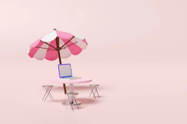 3D圆桌与草坪椅子 笔记本电脑 伞隔离粉红色背景 放松暑假的概念 3D渲染图解 裁剪路径 — 图库照片