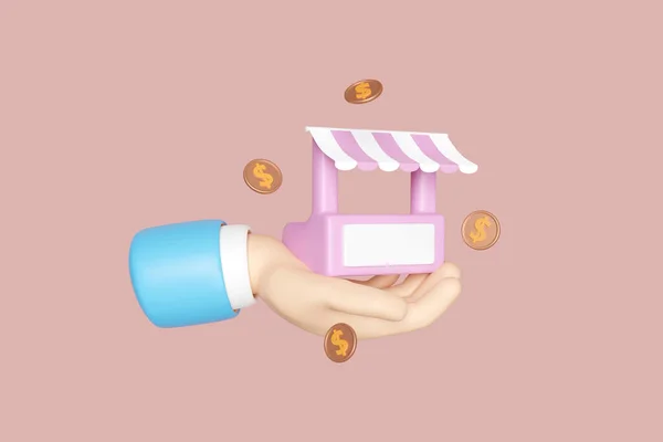 cartoon hands holding store front, coins isolated on pink background. Startup franchise business or loan approval concept, 3d render illustration, clipping path