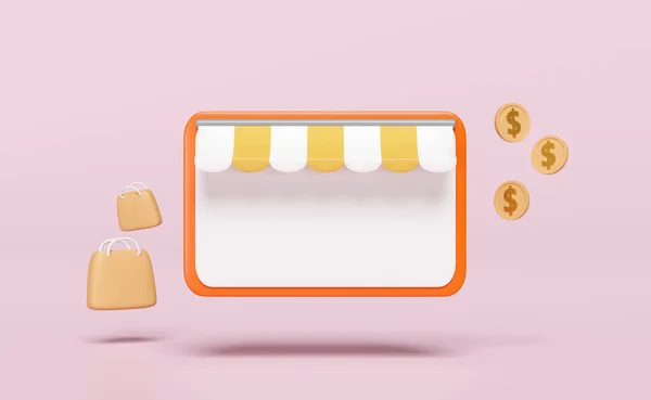 Orangefarbenes Handy Smartphone Mit Ladenfront Papiertaschen Münzen Isoliert Auf Rosa — Stockfoto