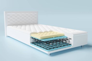 3 boyutlu katmanlı kumaş döşek, bobin yayı, doğal lateks, mavi arka planda izole edilmiş hafıza köpüğü. 3d resimleme, kırpma yolu