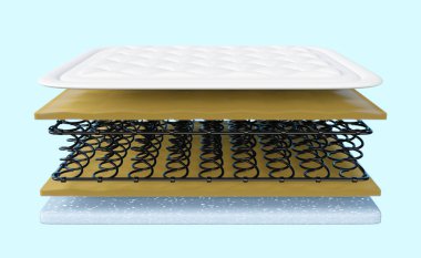 3 boyutlu katmanlı kumaş döşek, bobin yayı, hafıza köpüğü, mavi arka planda izole edilmiş yumuşak sünger. 3d resimleme, kırpma yolu
