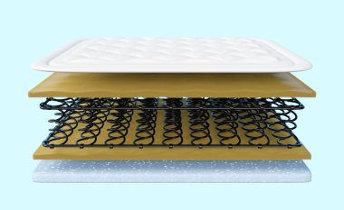 3d layered sheet material mattress with air fabric, coil spring, memory foam, soft sponge isolated on blue background. 3d render illustration, clipping path clipart