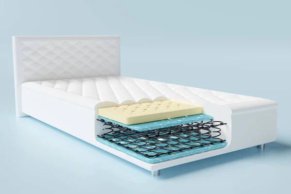 Stock image 3d layered sheet material mattress with air fabric, coil spring, natural latex, memory foam isolated on blue background. 3d render illustration, clipping path