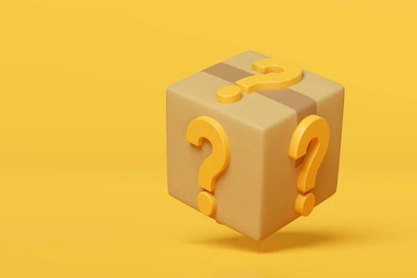 黄色の背景に隔離されたオレンジ色のクエスチョンマークのアイコンが付いた3D商品段ボール箱 よくある質問やよくある質問 最小限のコンセプト 3Dレンダリングイラスト クリッピングパス — ストック写真