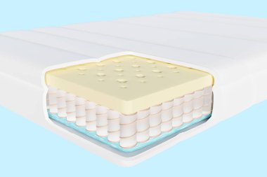 3 boyutlu katmanlı kumaş döşek, hava kumaşı, cep yayları, doğal lateks, mavi arka planda izole edilmiş hafıza köpüğü. 3d resimleme, kırpma yolu