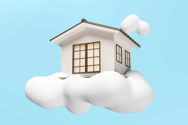 3D日本风格的房子图标浮云隔离蓝色背景 房地产交易 梦幻屋概念 3D渲染说明 剪接路径 — 图库照片