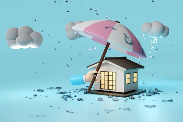 3D房子 商人手拿雨伞 蓝色背景的雷声隔离 保护和安全概念 3D说明 — 图库照片