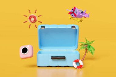 3D mavi bavul. İçinde uçak, güneş, uçak, palmiye ağacı ve sarı arka planda izole edilmiş kamera var. Yaz seyahati konsepti, 3D resimleme, kırpma yolu