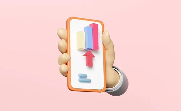 3Dチャート 携帯電話を保持して手でグラフ スマートフォン 分析ビジネス財務データ ピンクの背景に隔離された矢印 ビジネス戦略コンセプト3Dレンダリングイラストクリッピングパス — ストック写真