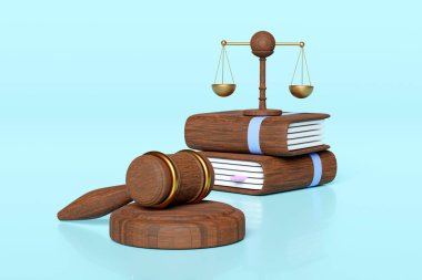 3 boyutlu ahşap yargıç tokmağı, adalet terazili çekiç açık arttırması, mavi arka planda izole edilmiş kitap. Hukuk, adalet sistemi sembolü konsepti, 3D resimleme