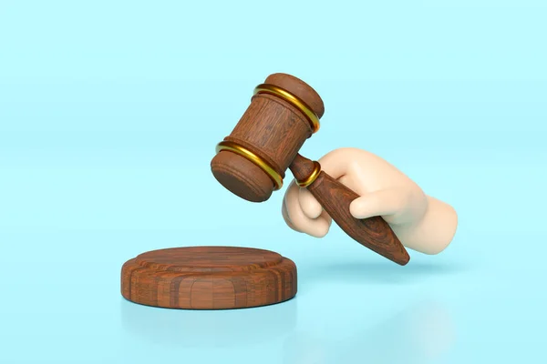 3D木制法官槌 手握锤子拍卖与立场隔离蓝色背景 Law Justice System Symbol Concept Render Illustration — 图库照片