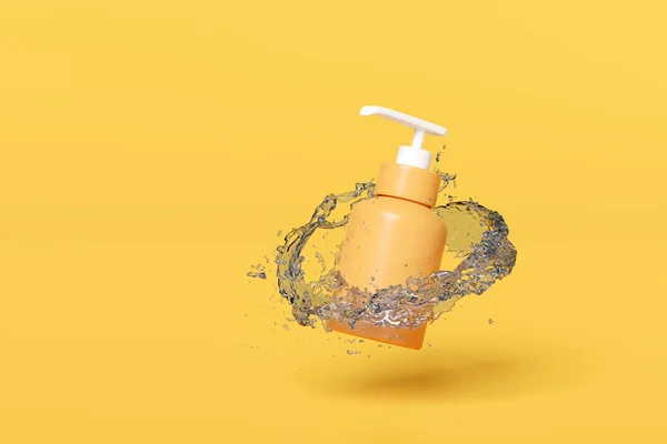 Solskyddsflaska Med Vatten Stänk Isolerad Gul Bakgrund Kosmetika Skyddar Huden — Stockfoto