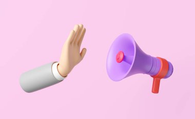 Pembe arka planda izole edilmiş megafonla 3D el duruşu. Sesi kullanma, 3D canlandırma