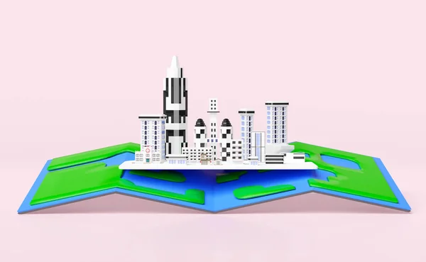 Будівля Хмарочоса Великому Місті Картою Ізольована Рожевому Тлі Ілюстрація Рендеринга — стокове фото