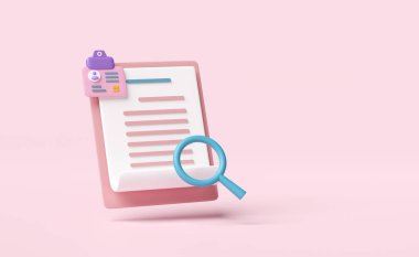 Büyüteçli 3D kimlik kartı, kontrol listesi kağıdı, pembe arka planda izole pano. işe alım personeli, insan kaynakları, iş arama, iş başvurusu konsepti, 3D çizim illüstrasyonu