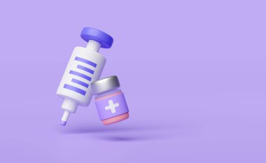 3 boyutlu şırınga, mor arka planda izole edilmiş aşı şişesi. 3d resimleme