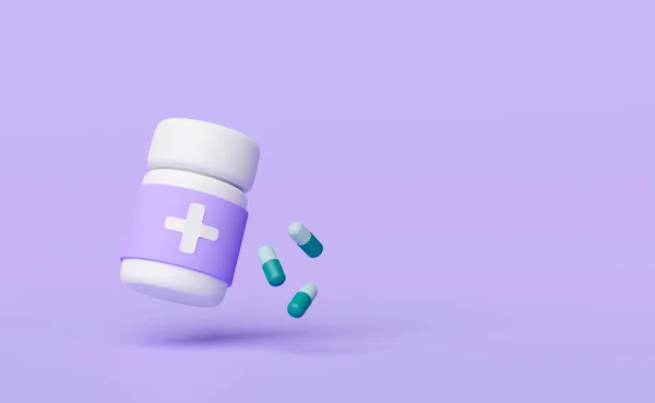 Frasco Medicina Con Cápsulas Aisladas Sobre Fondo Púrpura Ilustración Renderizado — Foto de Stock