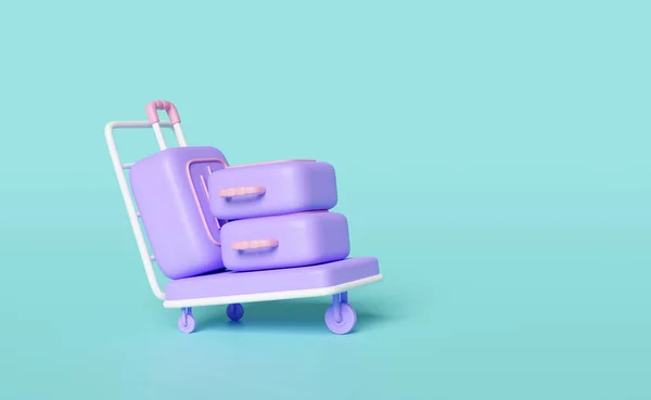 3D型机场推车 行李箱与蓝色背景隔离 暑期旅游概念 3D渲染说明 — 图库照片