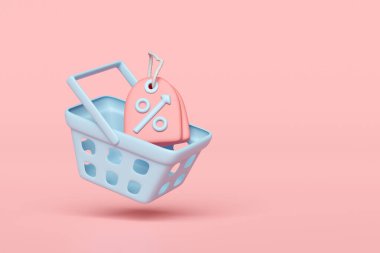 İnternetten alışveriş yapmak için 3D indirim ikonu. Pembe arka planda izole edilmiş alışveriş arabası, sepet, fiyat kuponu. pazarlama promosyon primleri konsepti, 3D resimleme 