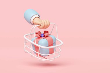 El ele alışveriş arabaları, pembe arka planda izole edilmiş hediye kutusu olan sepet. 3d resimleme 