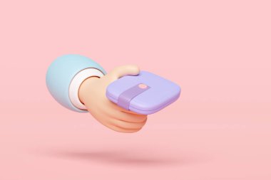 Cüzdanı tutan eller pembe arka planda izole edilmiş. 3d illüstrasyon oluşturucu