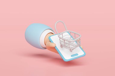 3D akıllı telefon, alışveriş arabaları, pembe arka planda izole edilmiş sepet. çevrimiçi alışveriş kavramı, 3D resimleme 