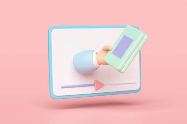 3D video oynatıcı tableti ile çevrimiçi öğrenme, pembe arka planda el ele tutuşma kitabı. canlı yayın, çevrimiçi eğitim kursu konsepti, 3D illüstrasyon çizimi