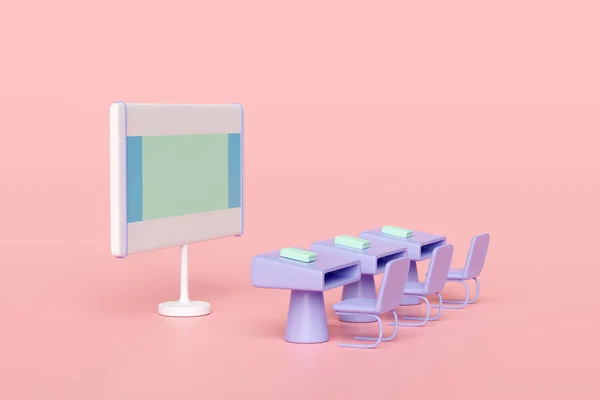 スマートボード付きの3Dモダンなクラスルーム スタンディングデスク ピンクの背景に隔離された椅子 ビジネストレーニングコンセプト 3Dイラストレンダリング — ストック写真