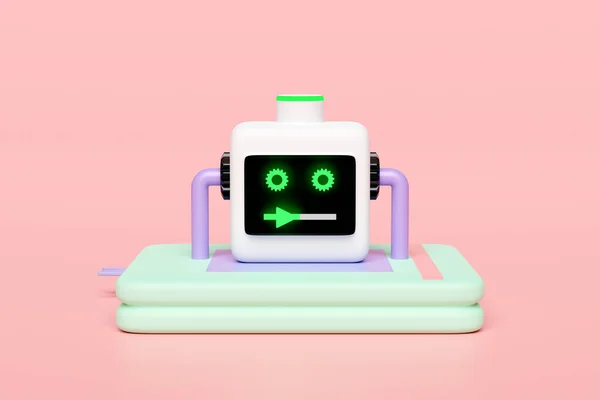 Штучний Інтелект Машинне Навчання Роботом Читання Книги Ізольовані Рожевому Фоні — стокове фото