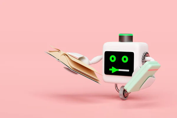 Искусственный Интеллект Машинное Обучение Роботом Чтение Книги Изолированы Розовом Фоне — стоковое фото