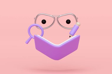 3 boyutlu çizgi film karakteri, açık bir kitap, büyüteç, gözlük, göz küresi, pembe arka planda izole edilmiş kalem ikonu. eğitim, öğrenim, araştırma konsepti, 3 boyutlu resimleme