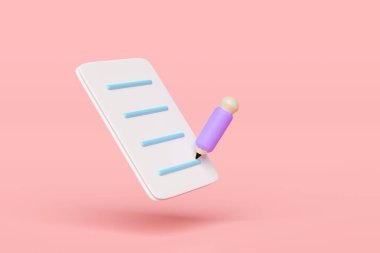 Pembe arka planda izole bir şekilde ders çalışmak için 3 boyutlu kağıt. okula, eğitime, yazım konseptine, 3D çizim illüstrasyonuna