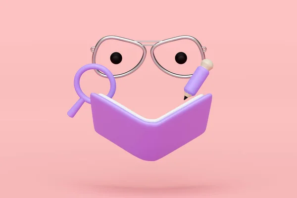 3d cartoon character with open book, magnifying glass, glasses, eyeball, pencil icon isolated on pink background. education, studying, researching concept, 3d render illustration