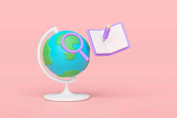 3d planet earth model, globe rotating on stand with open book, magnifying glass, pencil icon isolated on pink background. education, studying, researching concept, 3d render illustration