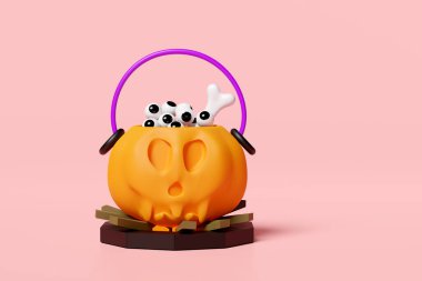Cadılar bayramı partisinde sihirli kazan, balkabağı, göz, pembe arka planda izole iskelet. 3d resimleme