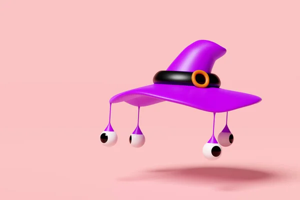 ピンクの背景に隔離された目を持つ3D紫色の魔女の帽子 ハロウィーンの休日の党概念 3Dレンダリングのイラスト — ストック写真