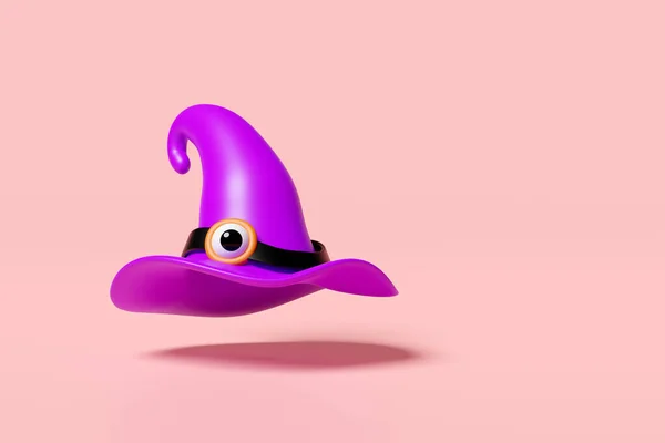 ピンクの背景に隔離された目を持つ3D紫色の魔女の帽子 ハロウィーンの休日の党概念 3Dレンダリングのイラスト — ストック写真