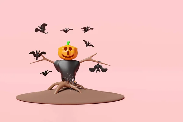 Halloween Σκιάχτρο Νυχτερίδες Κολοκύθα Κεφάλι Απομονώνονται Ροζ Φόντο Halloween Ημέρα — Φωτογραφία Αρχείου