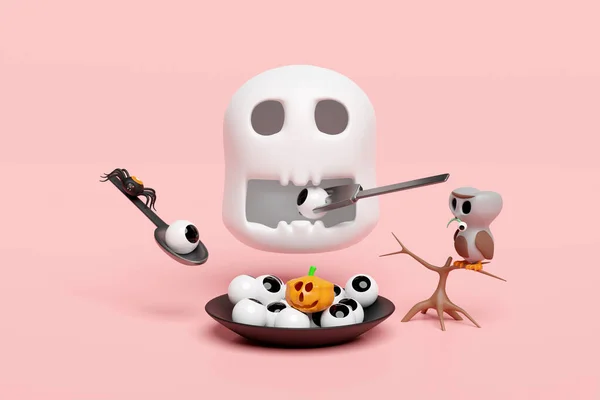 Concetto Giorno Halloween Con Cranio Mangia Bulbo Oculare Testa Zucca — Foto Stock