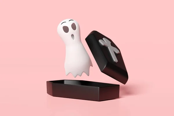 Concepto Día Halloween Con Fantasma Lindo Ataúd Aislado Sobre Fondo —  Fotos de Stock