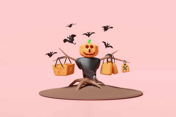Spaventapasseri Halloween Con Pipistrelli Testa Zucca Cesto Prezzo Tag Coupon — Foto Stock
