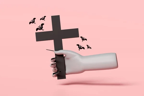 Festa Natal Halloween Com Mão Zumbi Segurando Cruz Morcegos Isolados — Fotografia de Stock