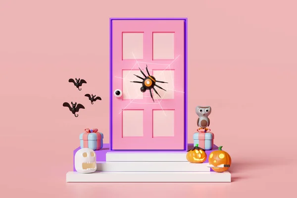 Halloween Prázdninová Párty Vyřezávanou Dýní Lebka Dárková Krabice Umístěna Schodech — Stock fotografie