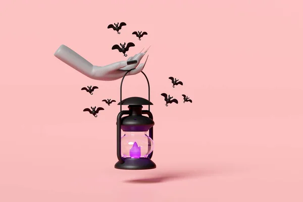 Festa Natal Halloween Com Mão Zumbi Segurando Lanterna Tempestade Morcegos — Fotografia de Stock