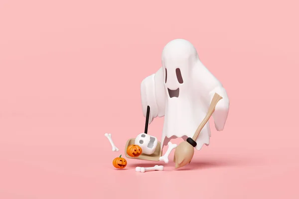 Dia Halloween Com Fantasma Bonito Varinha Bruxa Abóbora Crânio Lixo — Fotografia de Stock