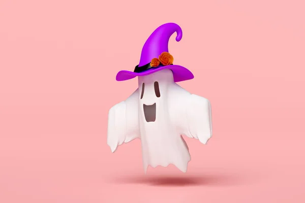 3D光天化日的概念与可爱的鬼魂飞翔 巫婆的帽子孤立在粉红的背景 假日派对 3D渲染说明 — 图库照片